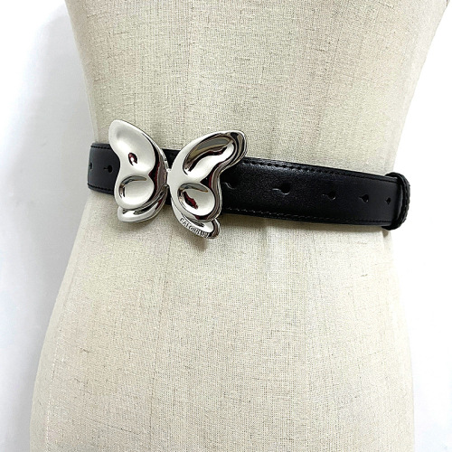 Sweet and Cool Instagram Style Silver Embossed 3D Metal Butterfly Button Decorated Belt for Jeans and Short Skirts