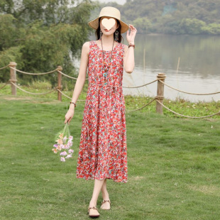 Fashionable Ethnic Style Cotton Silk Dress Summer New Sleeveless Vest Dress Loose Large Size Mother's Dress for Women