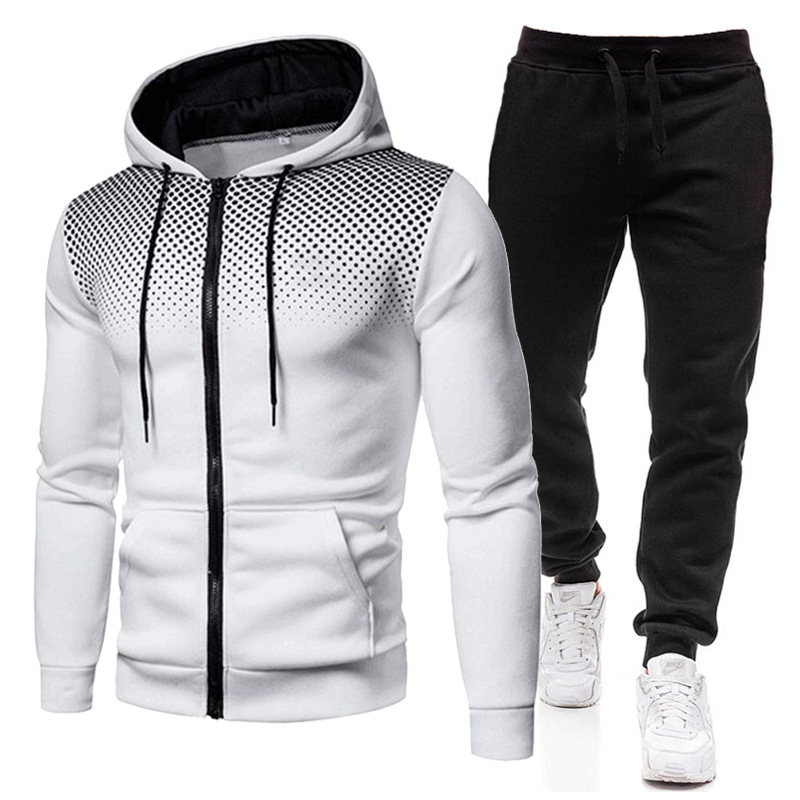 Neues einfarbiges Reißverschluss-Set mit rundem Punktdruck für Herbst-Winter-Plüsch-Herren-Damen-Sport-Hoodies, Pullover und Hosen_voghion.com