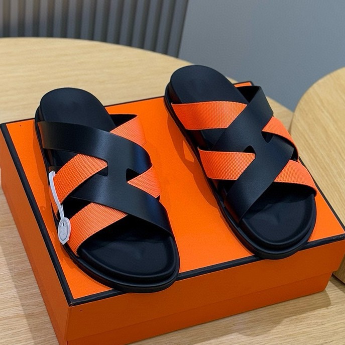 European Cross-Border Slippers H Brand Two-Strap Cross-Woven Vacation Beach Non-Slip Breathable Genuine Leather Durable Slide Sandals