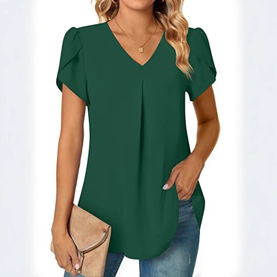 2023 estación independiente deseo Amazon popular verano simple mujer cuello en V pétalo manga camisa de las mujeres