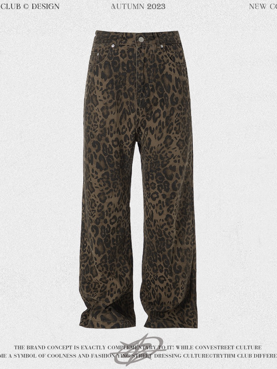 Pantalones Vaqueros de Trabajo Rectos para Hombre de Algodón con Estampado de Leopardo para Uso Casual