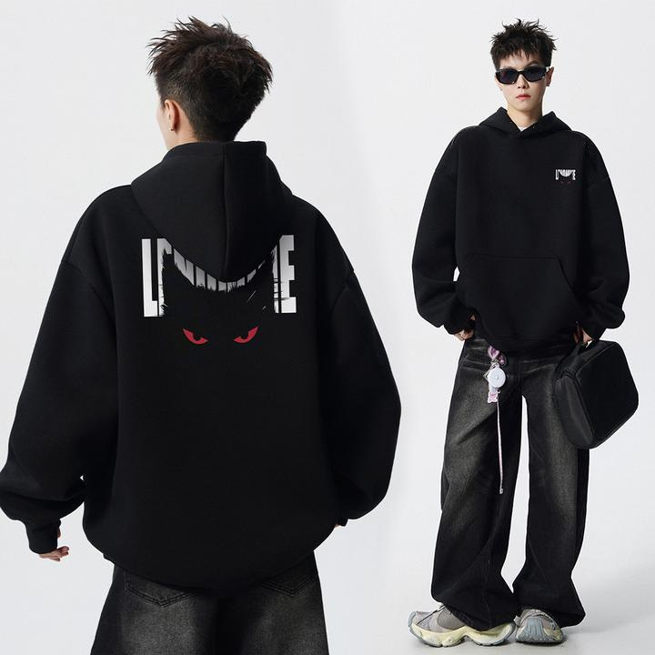 Cross-Border In-Stock Black Devil Cat Print Hooded Sweatshirt for Men, Fleece-Lined, American-Style Relaxed Fit, Wholesale Cross-Border In-Stock Black Devil Cat Print Hooded Sweatshirt for Men, Fleece-Lined, American-Style Relaxed Fit, Wholesale