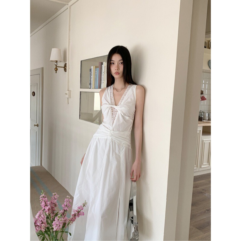 Real Shot in stock V-neck Lace dress Women's Summer French Style A- line Long Skirt