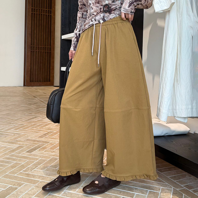 韩系松紧腰抽绳木耳花边休闲裤女2025秋季新款显瘦百搭阔腿九分裤|undefined