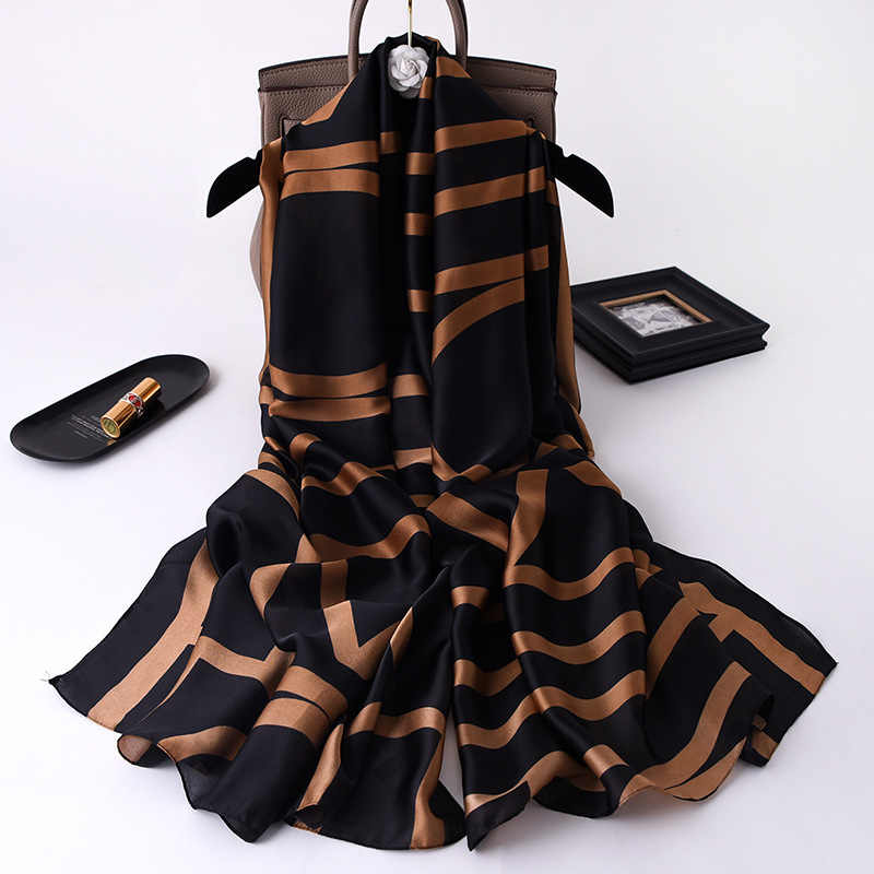 180g Weight Silk Scarf Classification Women's Casual Simple Style Stripe Satin Printing Silk Scarf