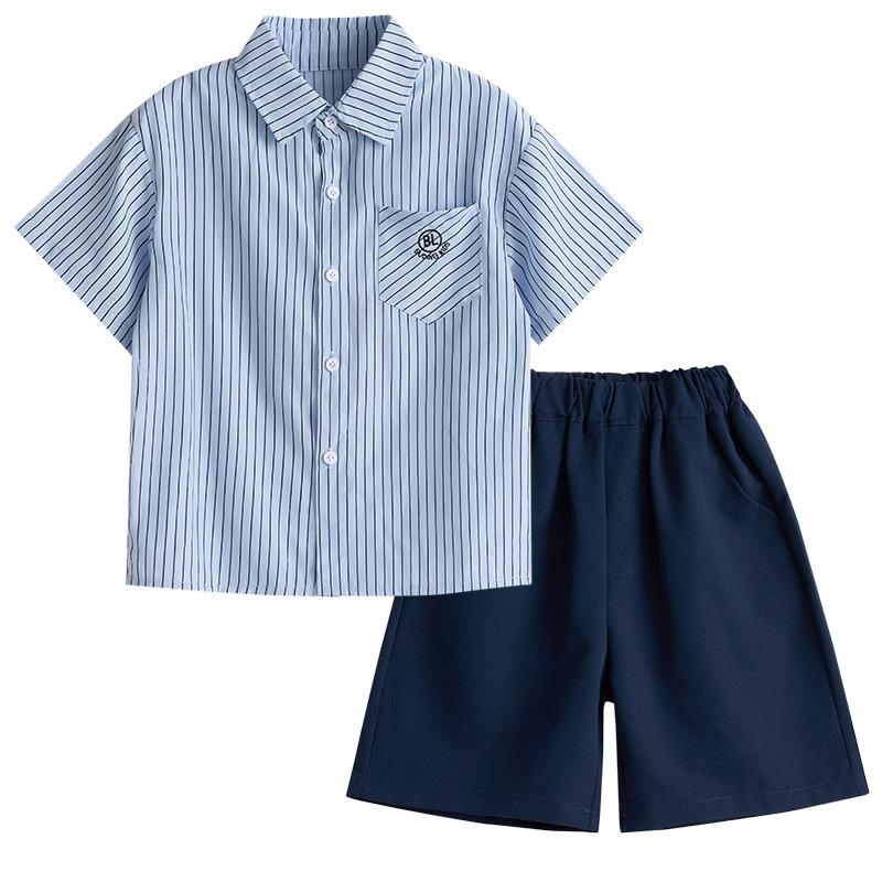 7169 traje de hermano y hermana 2025 verano nuevo estilo estilo universitario camisa de manga corta estilo occidental ropa de verano para niños de dos piezas de moda