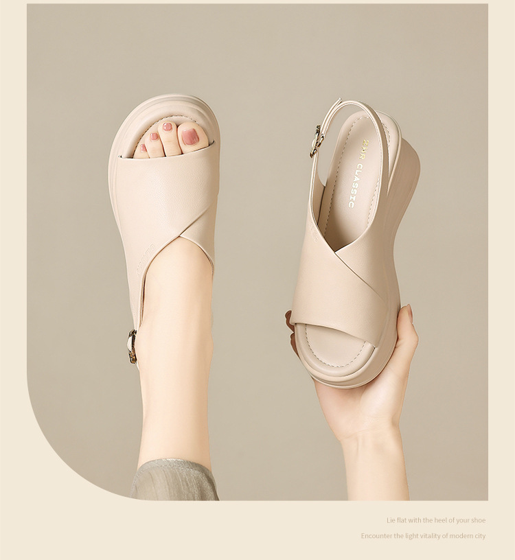 Sandal đế xuồng da bò thật ZHR tăng chiều cao, quai ngang, phong cách thanh lịch — JE20 màu be chi tiết 14
