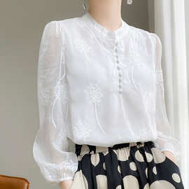 法式重工刺绣拼接镂空长袖薄款雪纺衬衣女设计感洋气别致减龄上衣