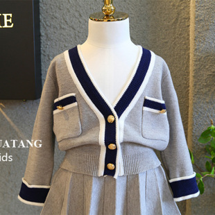 2025 Autumn New Children's Wear College Girls' Knitted Top Cardigan Short Skirt Core-Spun Yarn Dress Girls' Skirt suit
