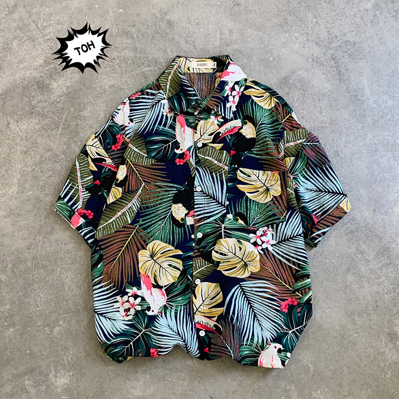 Estilo retro de Hong Kong Ruan guapo camisa de seda de hielo abrigo ropa de los hombres Hawaii playa floral camisa de manga corta de los hombres sueltos más tamaño