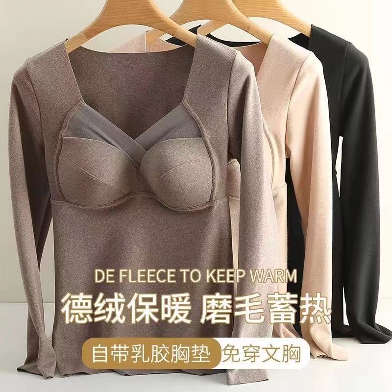 Nuevo invierno de terciopelo auto-calefacción ropa interior térmica de manga larga forrada de lana engrosada camisa de fondo se puede usar fuera superior térmica