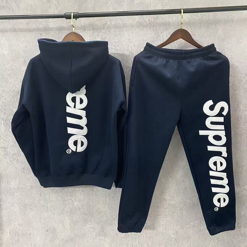 Cross-border wholesale SUP vertical letter patch embroidered LOGO fleece-lined hooded sweatshirt and sweatpants American style set ins Cross-border wholesale SUP vertical letter patch embroidered LOGO fleece-lined hooded sweatshirt and sweatpants American style set ins
