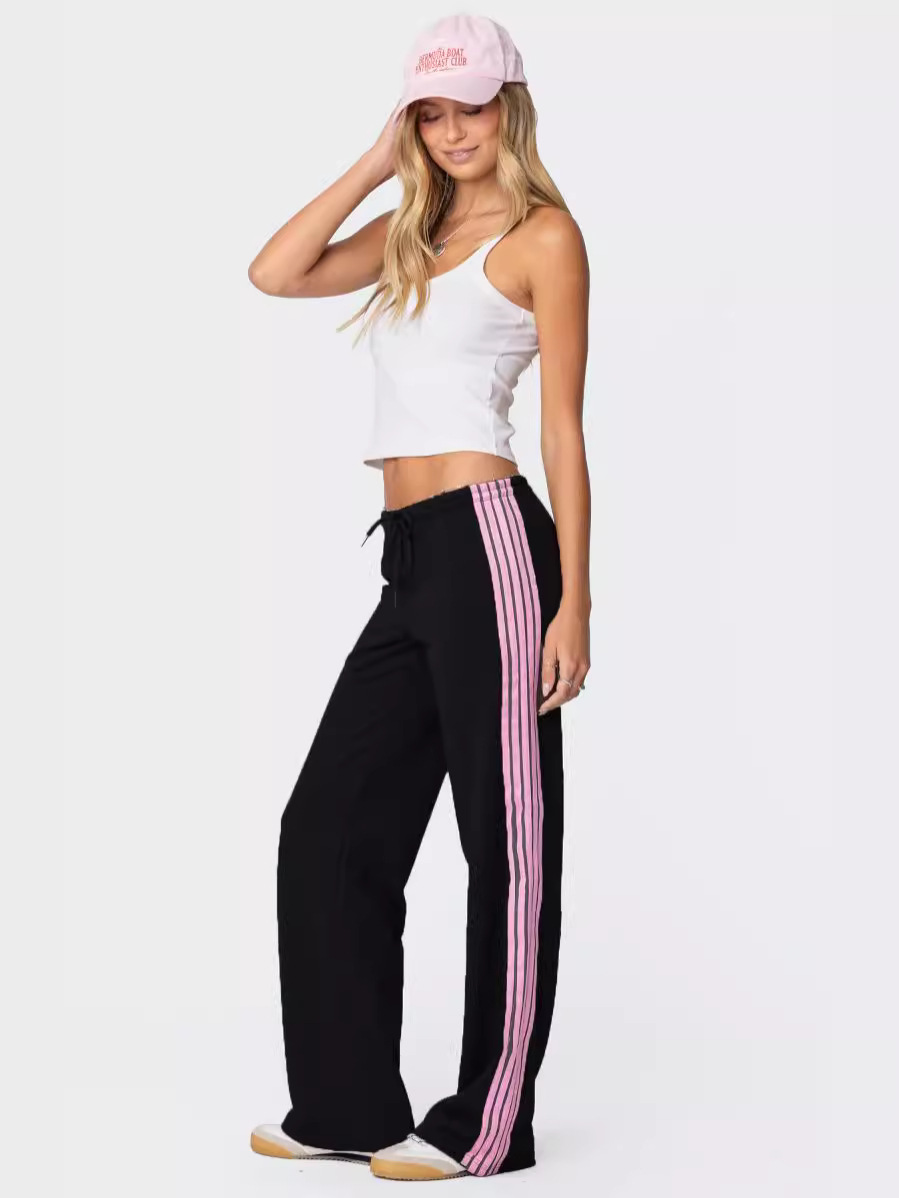Pantalones casuales deportivos rectos a rayas laterales para mujer primavera y otoño nuevo estilo americano retro suelto pantalones de guardia de pierna ancha image 1