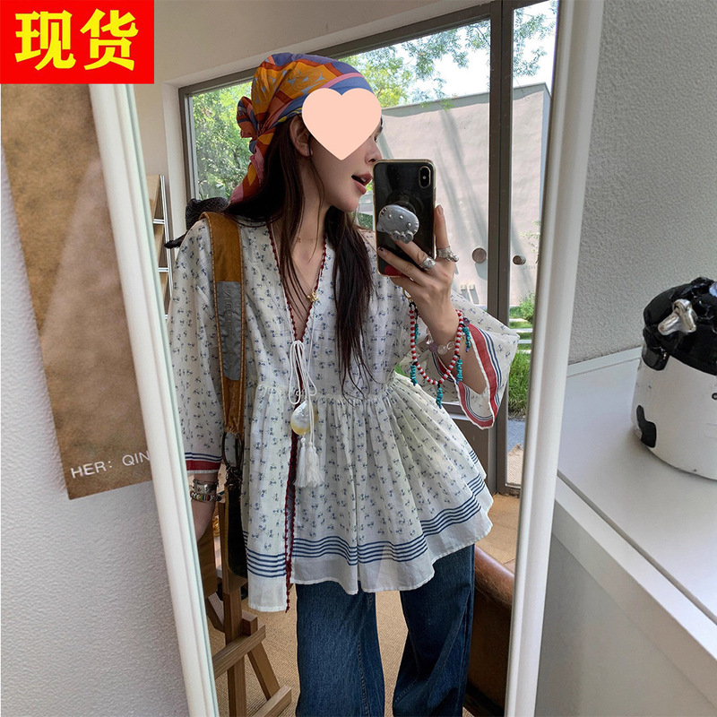 In Stock Zhou Meimei【New Product at 8Pm on the 10Th】Floral Pleated Hem Three-Quarter Wide Sleeve Tie-Up Cardigan