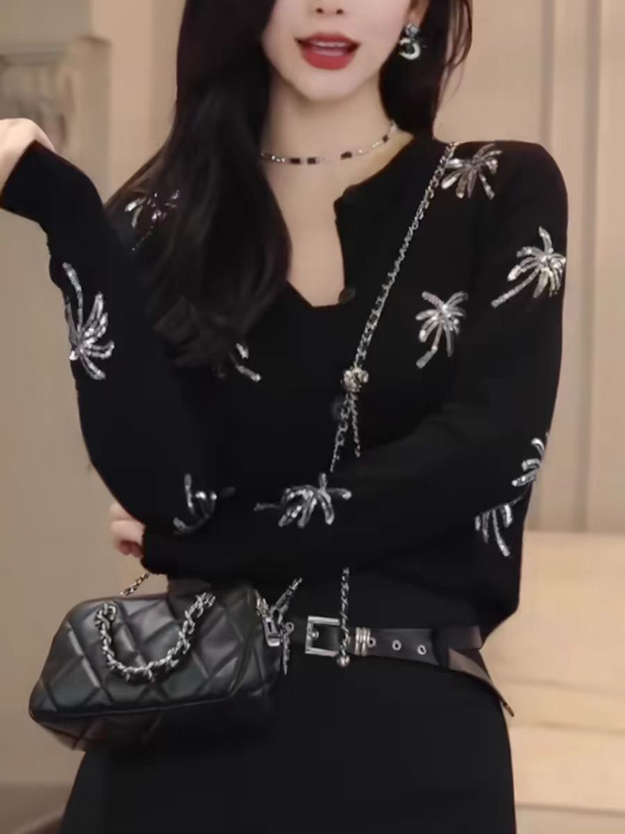 Áo cardigan len dệt kim thêu họa tiết thời trang đa năng — màu đen