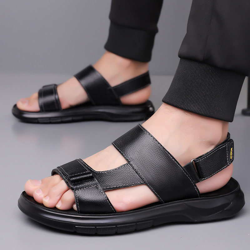 Dép sandal nam da bò đi biển quai dán đế dày mềm — Màu nâu, màu đen