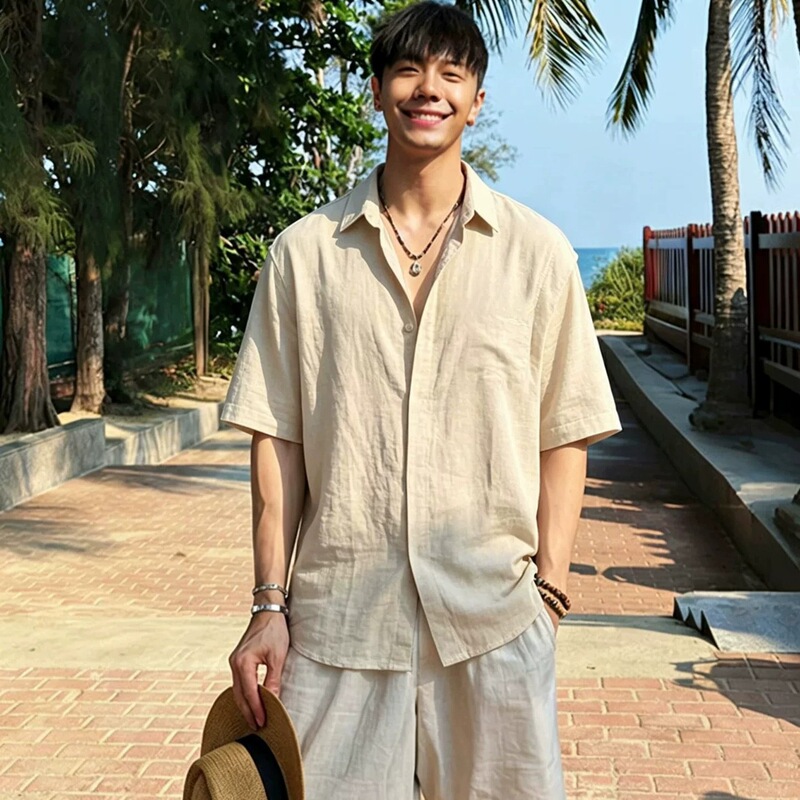 Maillard Brown Linen Short-Sleeved Shirt for Men, Summer Old Money Style, Deconstructed Patchwork Shirt, Sun Protection Thin Jacket