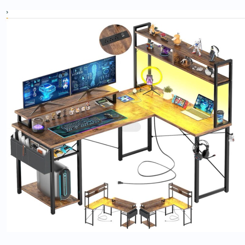 Small L-Shaped Gaming Desk with Led Lights and Power Outlet with Cloth Bag, Reversible L-Shaped Computer Desk Office Desk