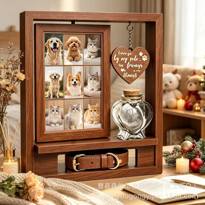 Amazon cross-border pet memorial photo frame with double-sided rotation and hair storage bottle, dog and cat memorial ornament