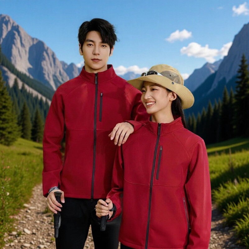 Customized Stand-Up Collar Soft Shell Jacket with Logo Embroider Group Mountaineering Hiking Camping Style Travel Jacket for Men and Women