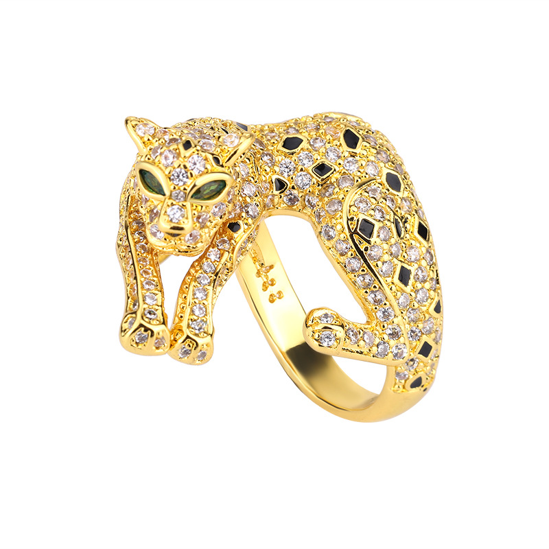 Zhuang Sheng joyería nuevo estilo de cobre chapado en oro europeo y americano retro completo Diamante de lujo con incrustaciones de oro leopardo abierto anillo ajustable