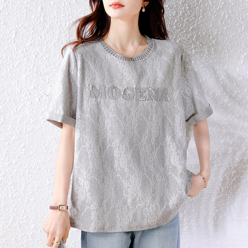 2025 New Fashion Lace Embroidery Beaded Short Sleeve T-Shirt Women's Summer European Style Tops Plus Size Women's Clothing