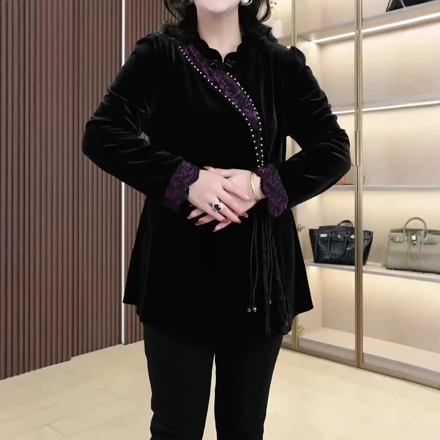 Весенний новый новый китайский стиль с пряжкой, тяжелая ручная вышивка, высококлассная рубашка с воротником, темперамент, толстая мама, женская одежда большого размера