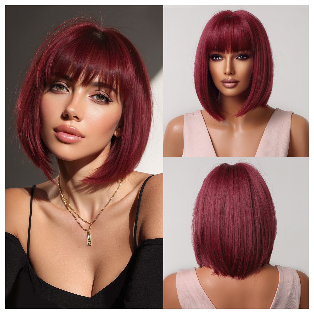 Peluca Bob Corta y Lisa para Mujer de Fibra Sintética, Con Flequillo, Refrescante, para Verano image 16
