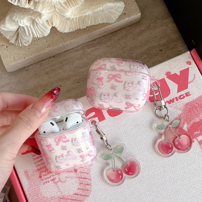 Japanese and Korean IMD Bow Cat airpods4 Bluetooth Earphone Case Cherry Pendant pro2 for Apple 1/2 Generation