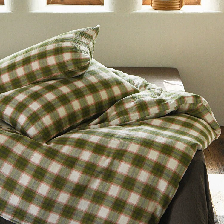 Супермягкая двухслойная пряжа для сна в обнаженном виде | Комплект из четырех предметов из чистого хлопка: простыни и пододеяльники, высококачественное жаккардовое постельное белье в клетку в стиле ретро.