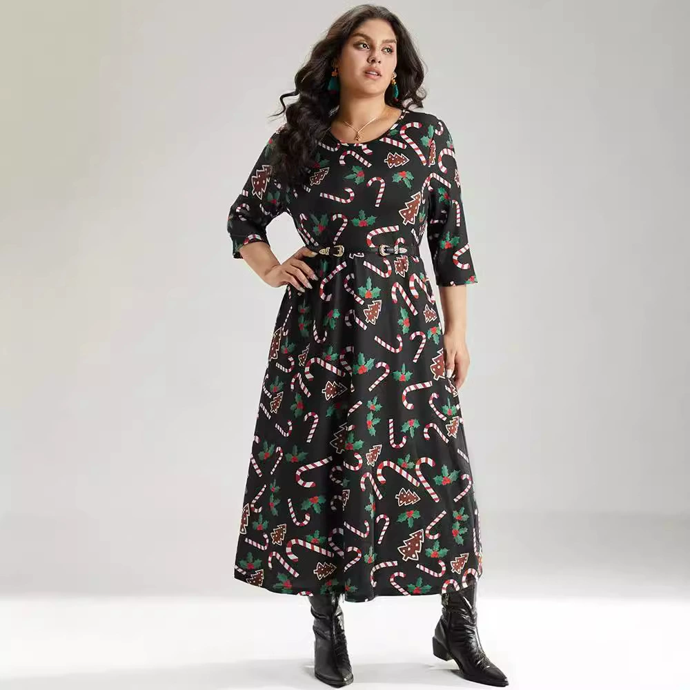 Трансграничные европейские и американские большие размеры рождественские принты с длинными рукавами и круглым вырезом карманы эластина женская длинная юбка платье амазонка