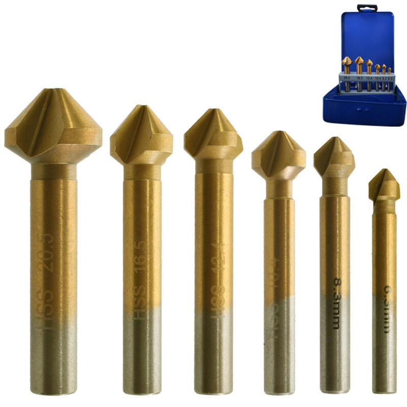 三刃倒角器6件套电钻去毛刺扩孔工具金属开孔器高速钢倒角刀套装