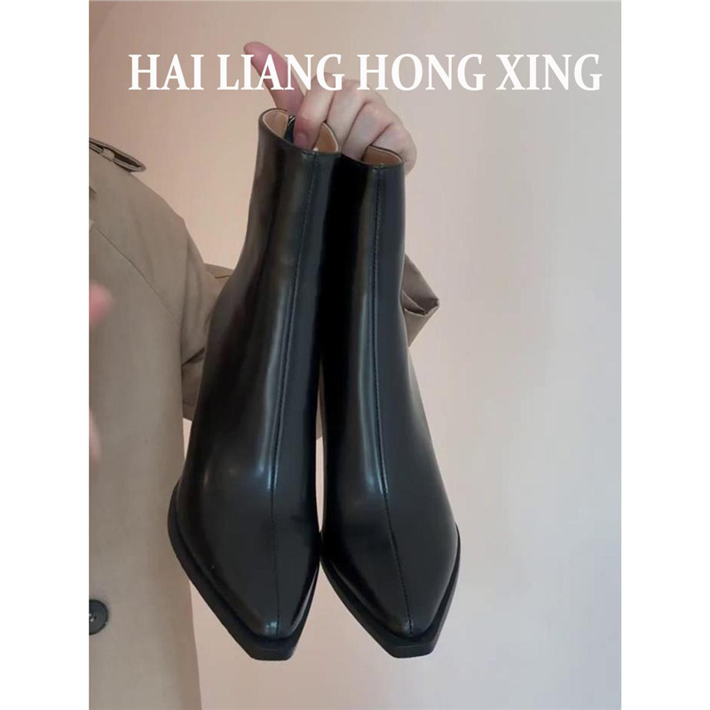 羊皮版~复古尖头高跟短靴女秋冬新款粗跟气质瘦瘦靴小踝靴马丁靴|undefined