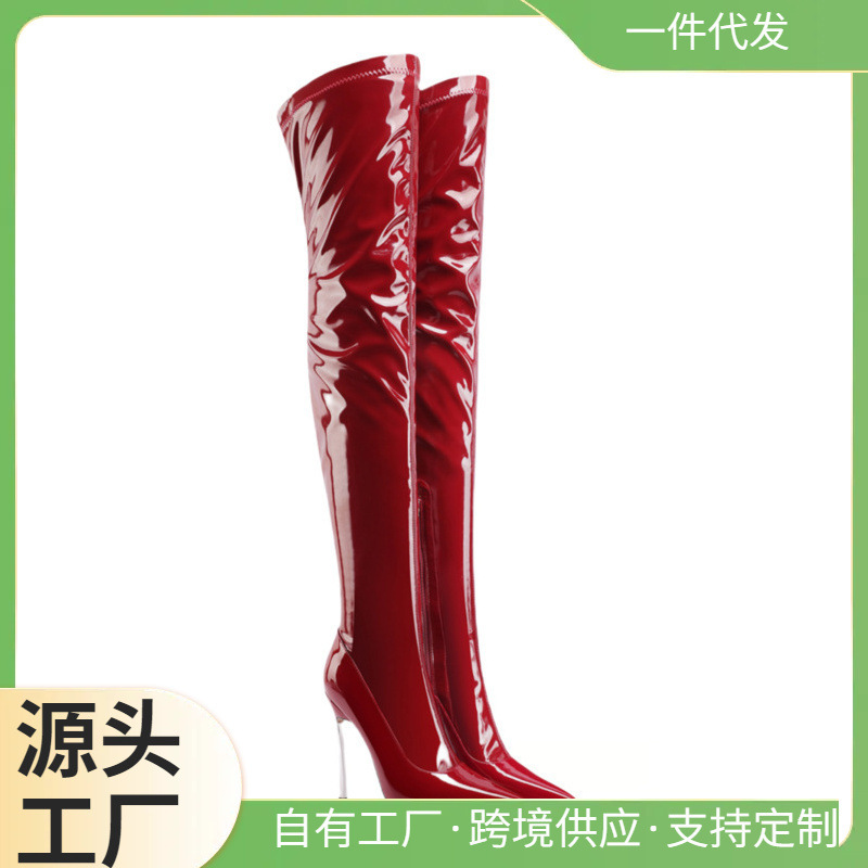 2025 Pointed Toe Stiletto Autumn and Winter Fashion New Elastic European and American Over-The-Knee Boots Patent Leather Red Classic Women