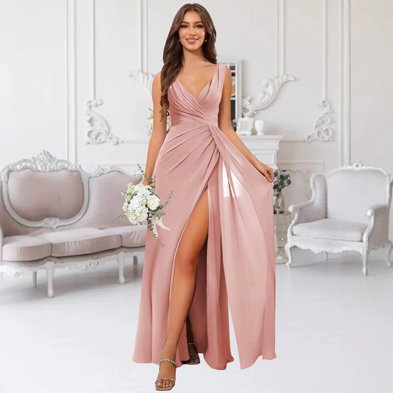 Cross-border European and American evening dress, V-neck chiffon bridesmaid dress 2026, sleeveless, slit, long style, sister group dress for women Cross-border European and American evening dress, V-neck chiffon bridesmaid dress 2026, sleeveless, slit, long style, sister group dress for women