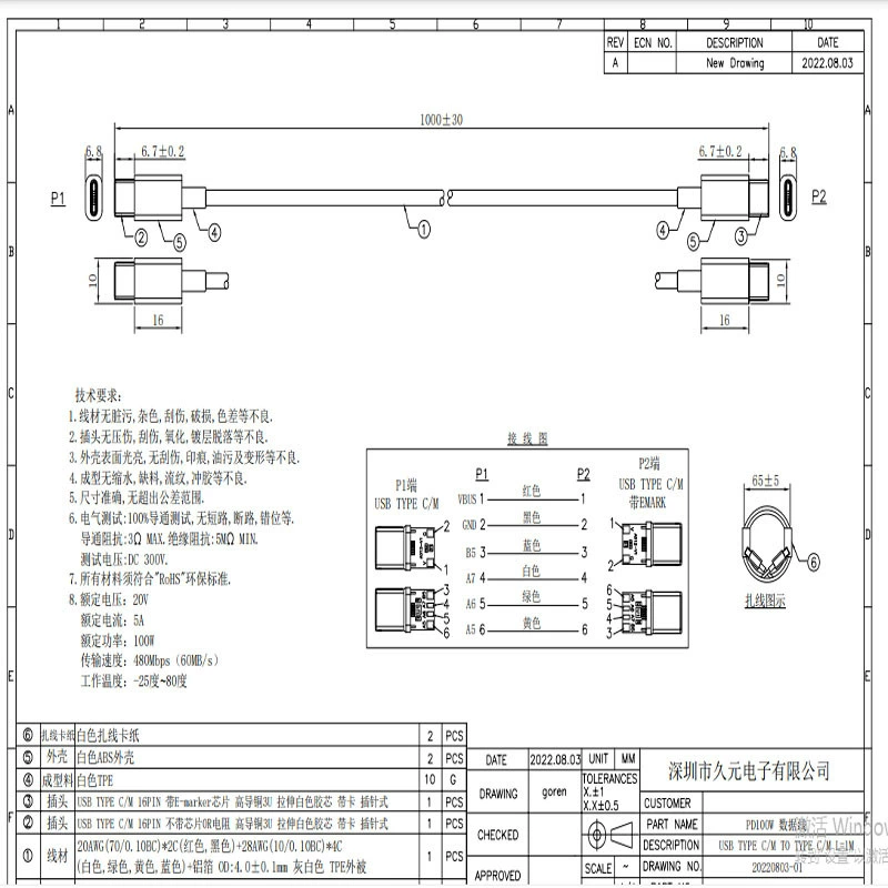 USB типа‑C PD100W зарядный кабель (Footwa), C‑to‑C, с опцией e‑Mark, 1–3 м