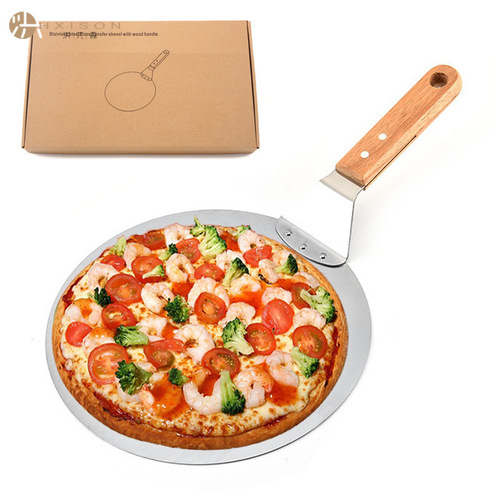 Cross-border 10-inch stainless steel pizza turner, round wooden handle cake spatula, thick large pizza spatula for baking