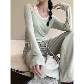 MMC 假两件针织衫女装十三行春季新款韩系设计感一字肩上衣高级感