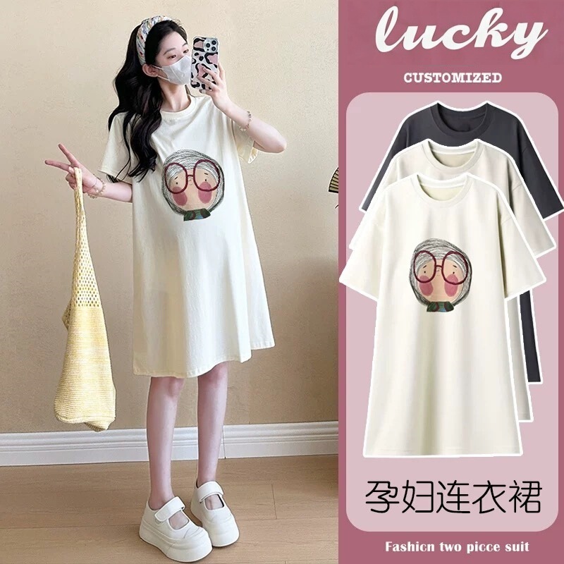 Maternity Wear 2025 Summer New Casual Cartoon Dress Mid-Length Loose Outing Style Age-Reducing T-Shirt Dress