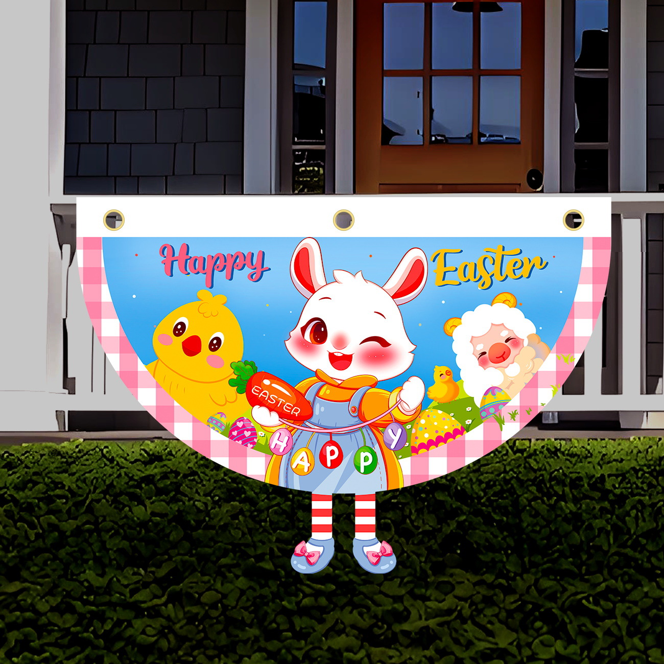 Transfronterizos nueva bandera en forma de ventilador de Pascua de dibujos animados conejo enano bandera semicircular de decoración al aire libre bandera de jardín