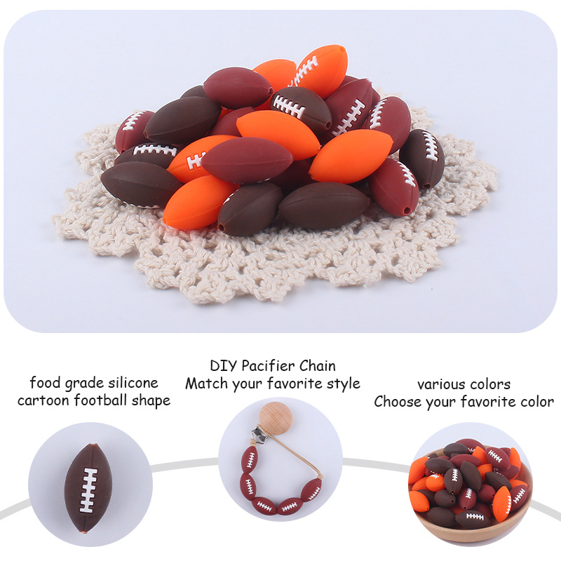 Creativo DIY suministros de bebé de dibujos animados de silicona rugby mordedura de bebé mordedura molar cadena de chupete accesorios