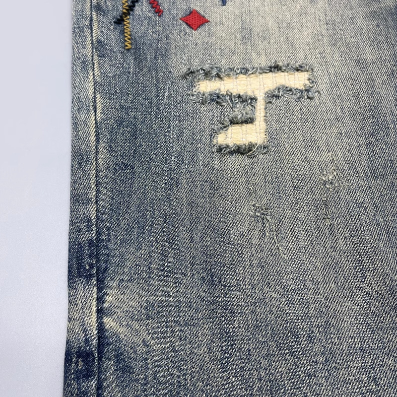 Men's Heavyweight Washed Distressed Denim Jeans Casual Tapered Straight Leg mid Waist Cotton Zipper Fly with Patches Embroidered Prints_mkmklike.com