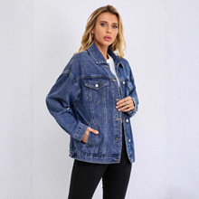 新款跨境欧美亚马逊TEMU时尚女士牛仔夹克春秋宽松百搭牛仔外套女