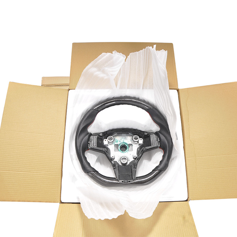 100% Real Carbon Fiber Glossy Black Perforated Steering Wheel Cover - For Tesla Model 3 Y - Red Leather Stitching Modification