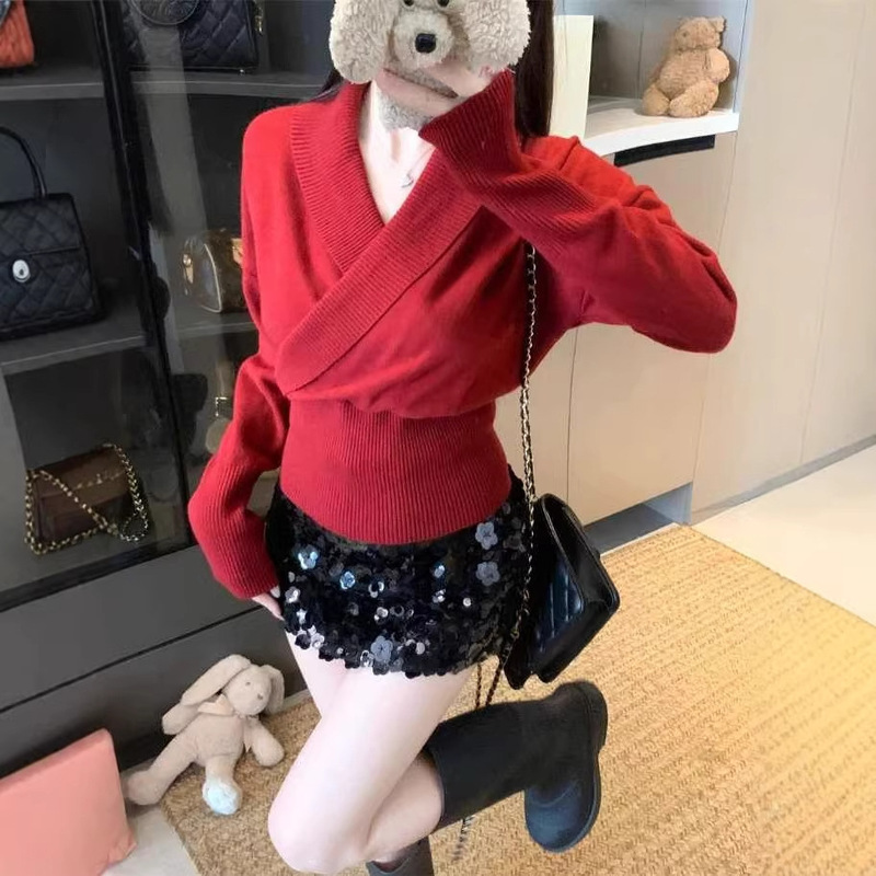 French Red Cross-Over V-Neck Knitwear for Women 2025 Autumn and Winter Christmas Wear Sweater Base Layer Long-Sleeved Top French Red Cross-Over V-Neck Knitwear for Women 2025 Autumn and Winter Christmas Wear Sweater Base Layer Long-Sleeved Top