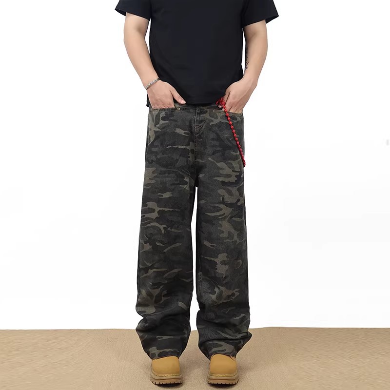 Men's Clothing Unisex Camouflage Print Jeans Loose Straight Leg Wide Leg Washed Distressed Vintage American High Street Style Trendy Clothing_mkmklike.com