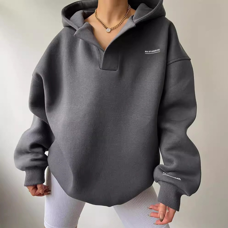 2026 European and American Cross-Border New Style Fleece-Lined Hooded Printed Long-Sleeve Basic Versatile Sweatshirt Amazon V-Neck Fleece Shirt