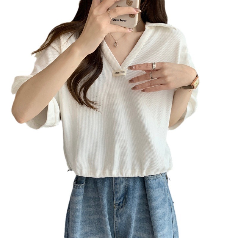 クロスボーダーpolo襟ひも綿半袖tシャツ女性夏ins潮がゆるくて痩せている小柄なvネック半袖