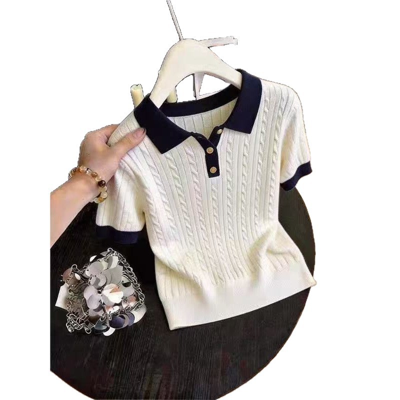 Koreanisches Damen-T-Shirt aus Eisseide, Sommer, dünn, zierlich, Zopfmuster, Kurzarm, Kragen_voghion.com